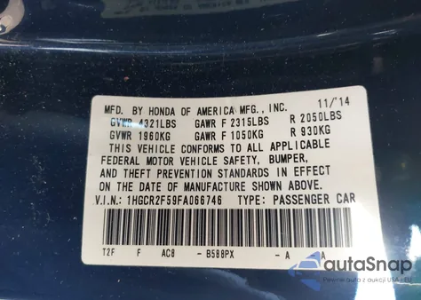 2015 Honda Accord Sport z USA, uszkodzony, nr VIN 1HGCR2F59FA066746